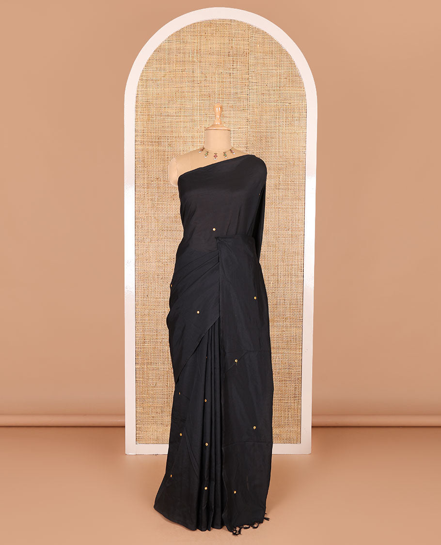 Borderless black mirror embroidered South cotton saree with a matching blouse and a kalamkari paisley vine printed blouse