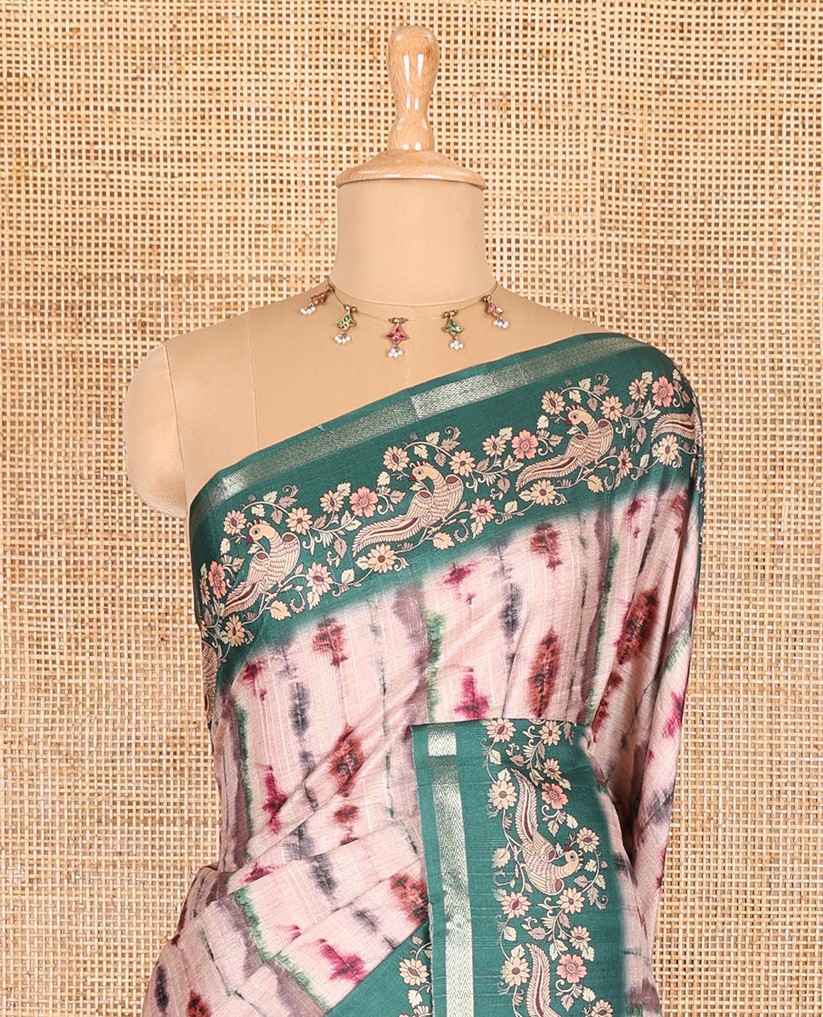 Purple shibori printed katan silk saree, contrast border, and pallu of kalamkari floral vine and peacock print, and a contrast leaf printed blouse
