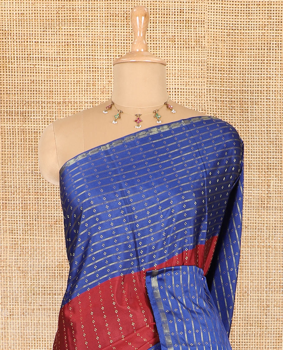 Maroon Vaira Oosai patterned semi-soft silk saree, contrast double-sided zari woven big border, striped pallu, and a double-colored plain blouse