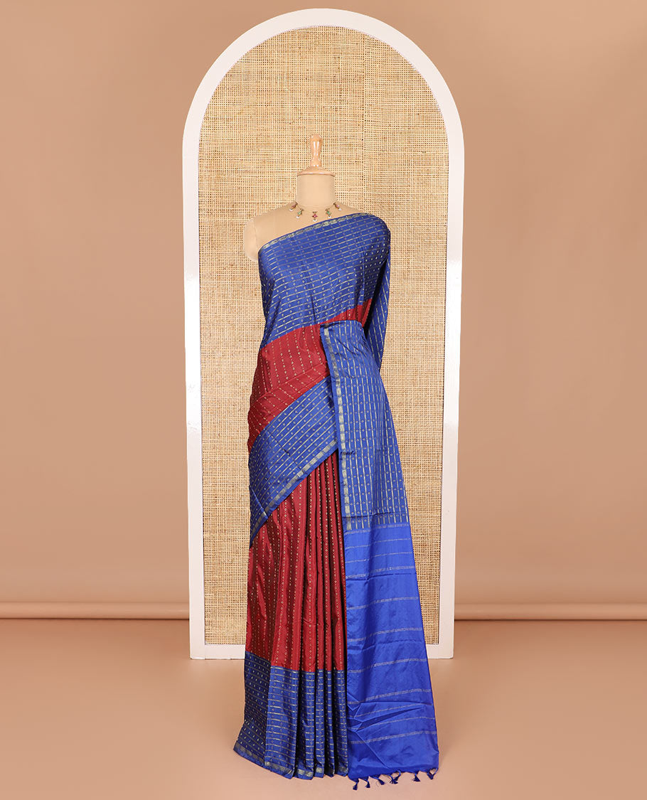 Maroon Vaira Oosai patterned semi-soft silk saree, contrast double-sided zari woven big border, striped pallu, and a double-colored plain blouse