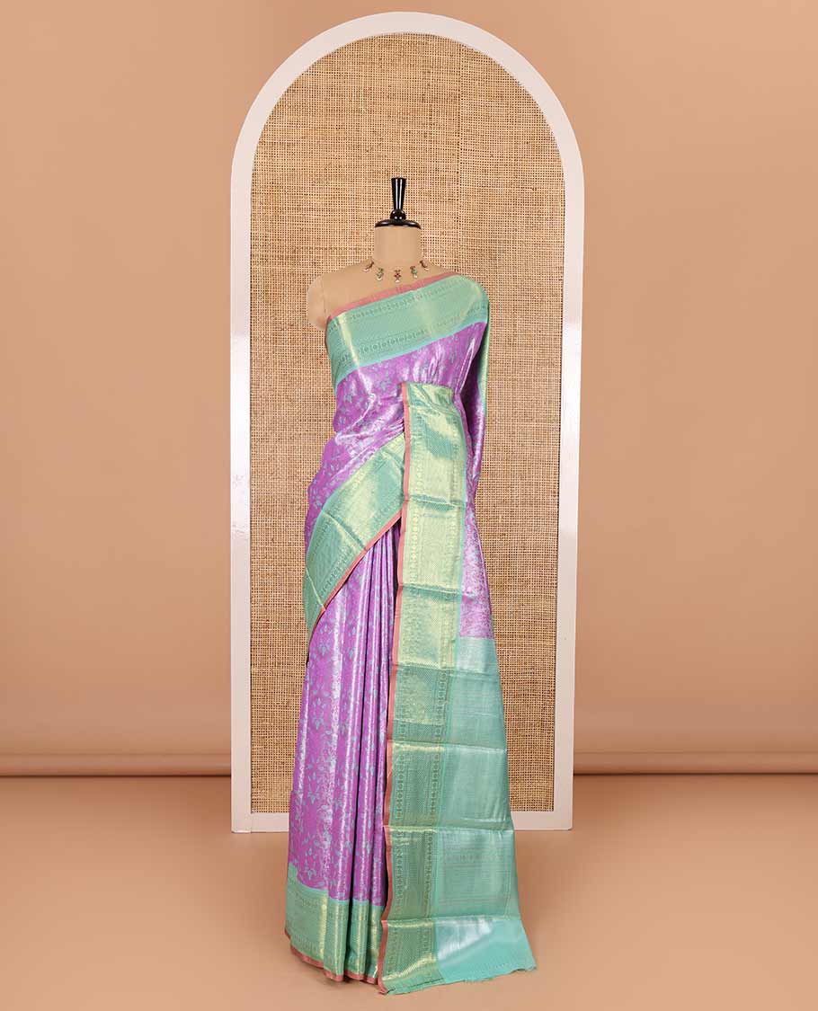 Lavender floral jacquard Kanchi tissue saree, contrast traditional zari design border, gleaming pallu, and a contrast jacquard blouse