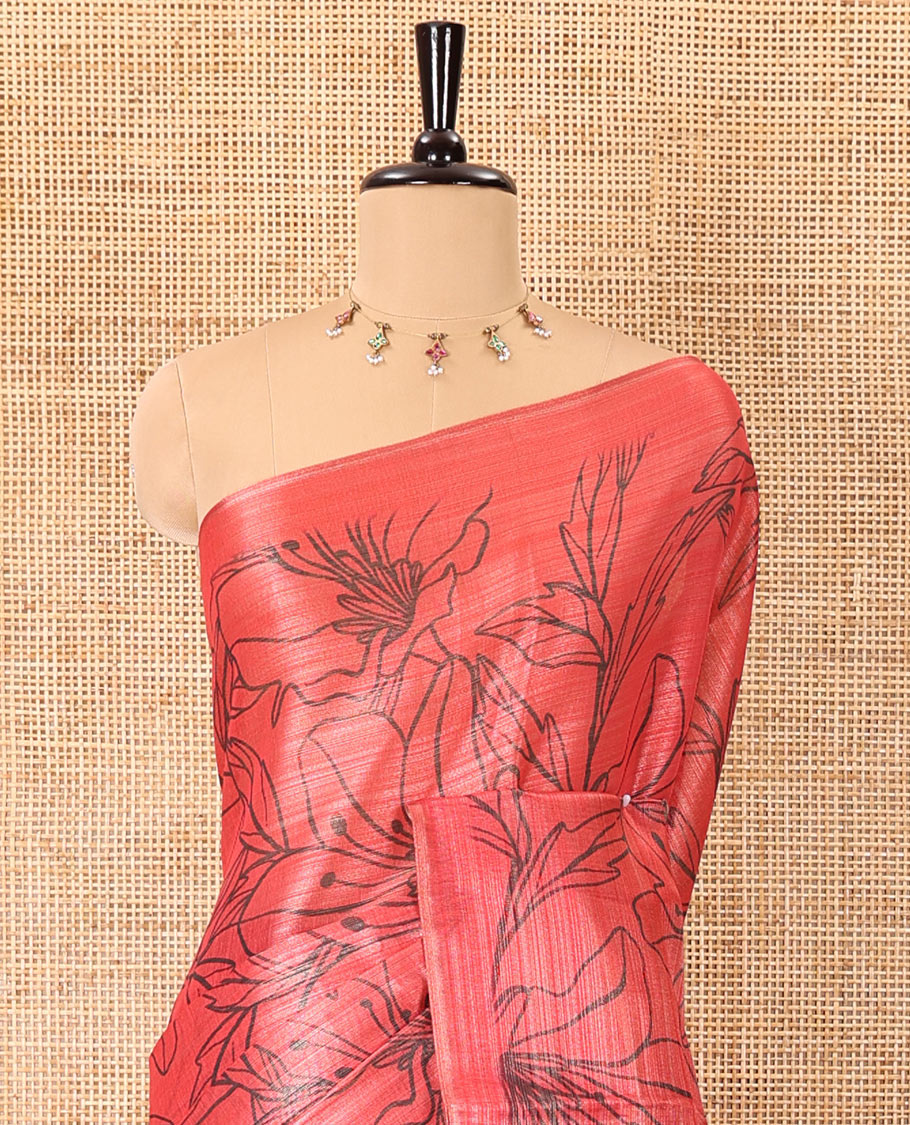 Borderless pink floral motifs printed tissue silk saree with floral printed pallu, and a contrast plain blouse