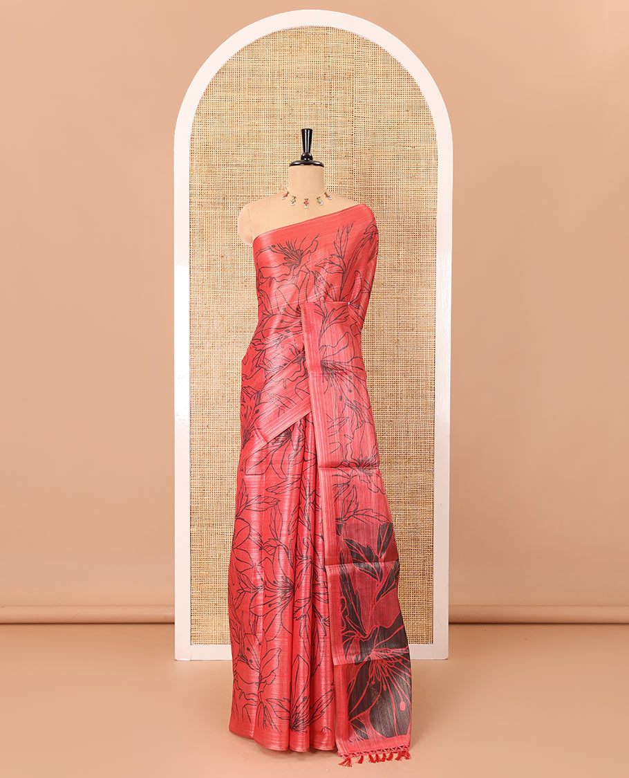 Borderless pink floral motifs printed tissue silk saree with floral printed pallu, and a contrast plain blouse