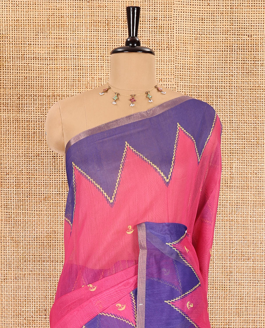 Rani pink small buttas printed Linen cotton saree, contrast double-sided temple border, striped pallu, and vertically striped blouse