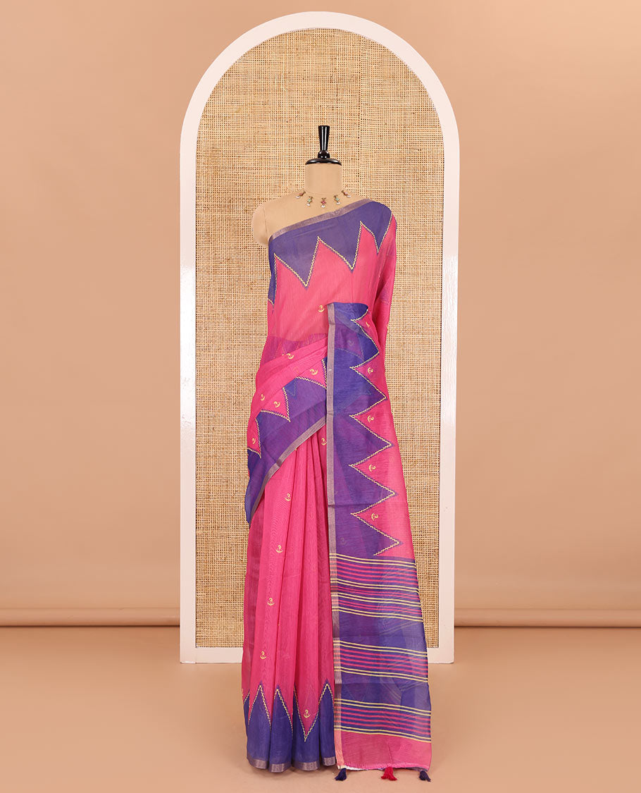 Rani pink small buttas printed Linen cotton saree, contrast double-sided temple border, striped pallu, and vertically striped blouse