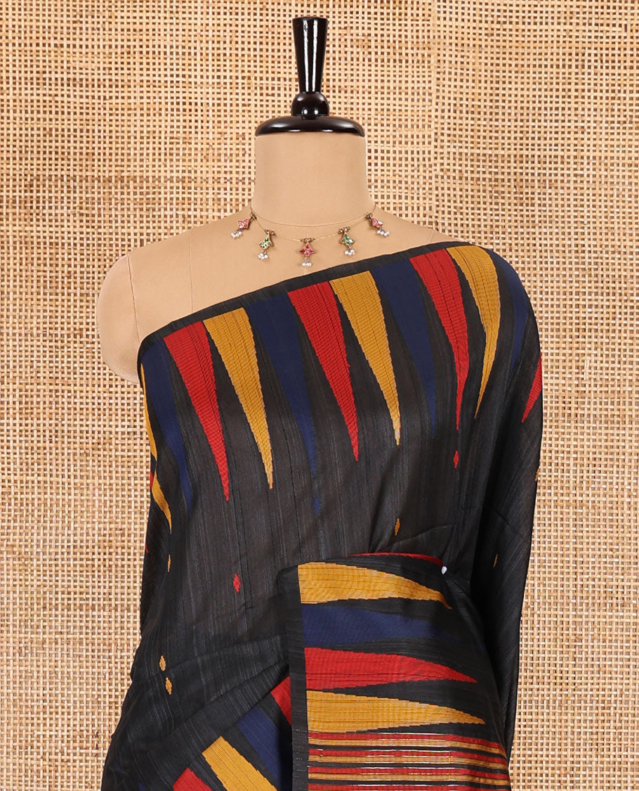 Black thread buttas woven jute cotton saree, multi-color temple border, striped pallu, and a matching striped blouse