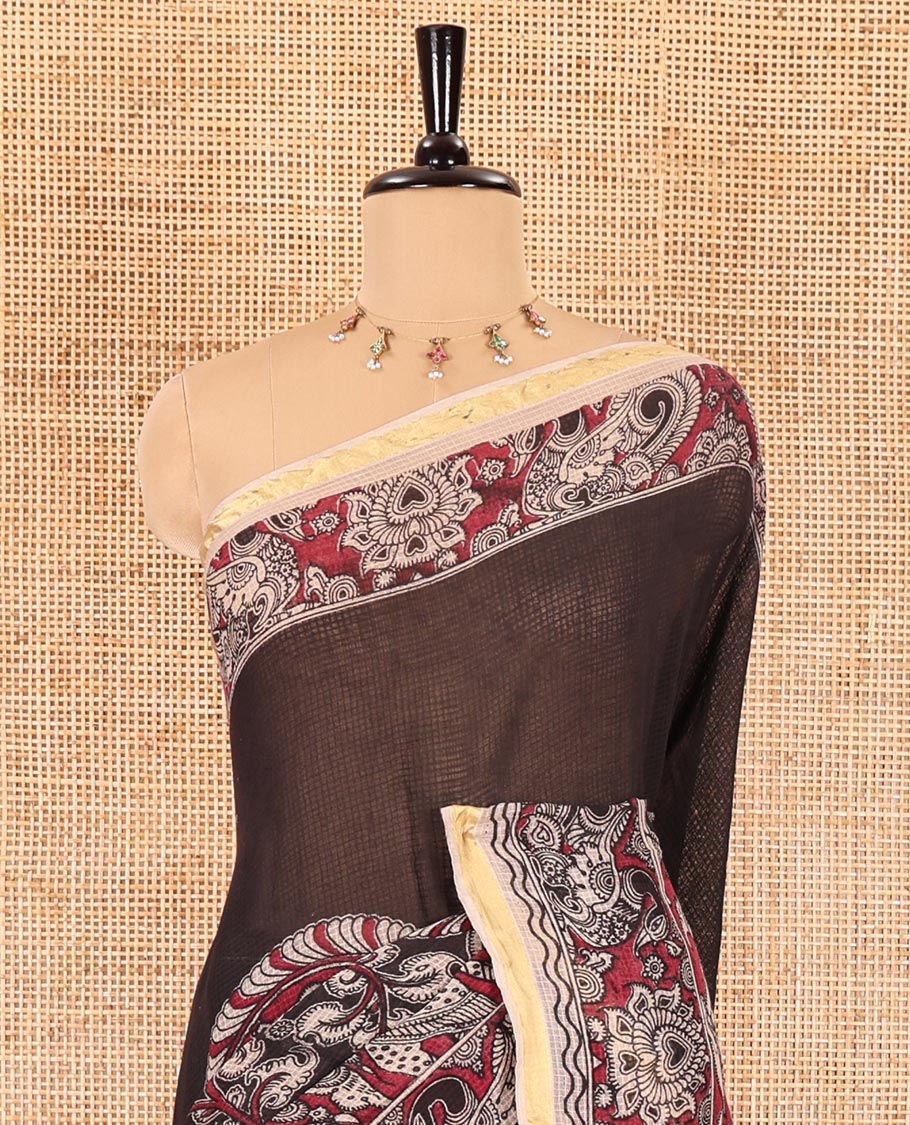 Purple kalamkari floral, peacock, and human figurines printed Kota cotton saree, contrast printed border, peacock printed pallu, and a contrast floral printed blouse