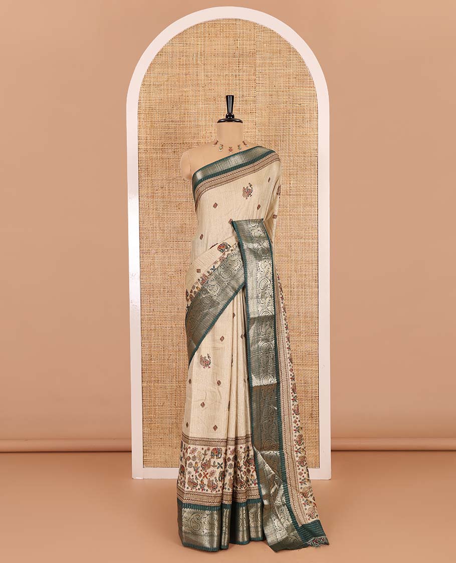 Chikku-green vertical striped, and animal motifs printed dola silk saree, contrast manga motifs zari border, animal motifs printed pallu, and a contrast printed blouse