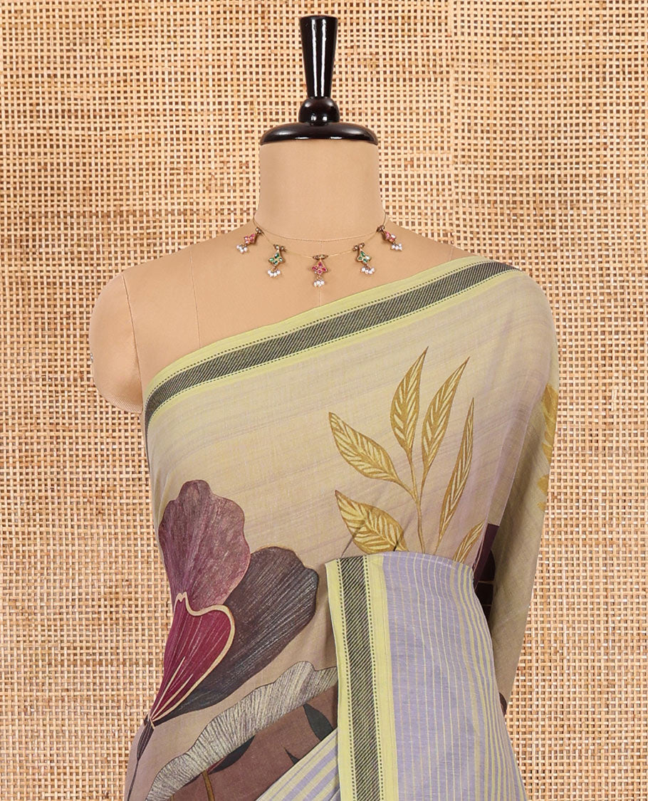 Green stripes, and tropical floral printed Mangalgiri cotton saree, traditional thread border, striped pallu, and a matching blouse