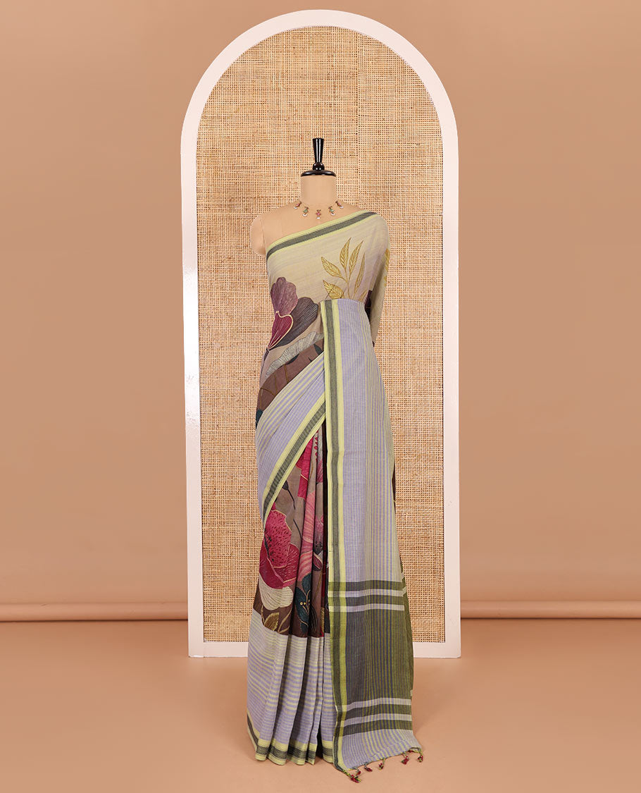 Green stripes, and tropical floral printed Mangalgiri cotton saree, traditional thread border, striped pallu, and a matching blouse