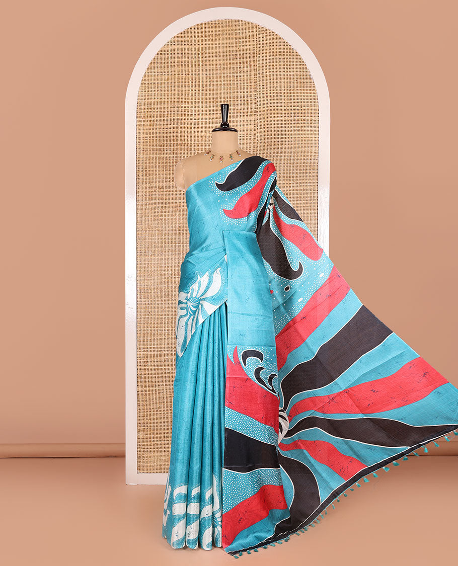 Borderless blue abstract-style star motifs abstract printed art khadi cotton saree, abstract-style printed pallu, and a matching blouse