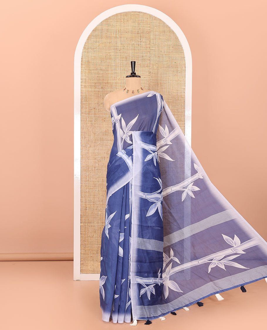 Blue bamboo motifs printed chanderi cotton saree, contrast plain border, bamboo motifs printed pallu, and a contrast unique motifs printed blouse