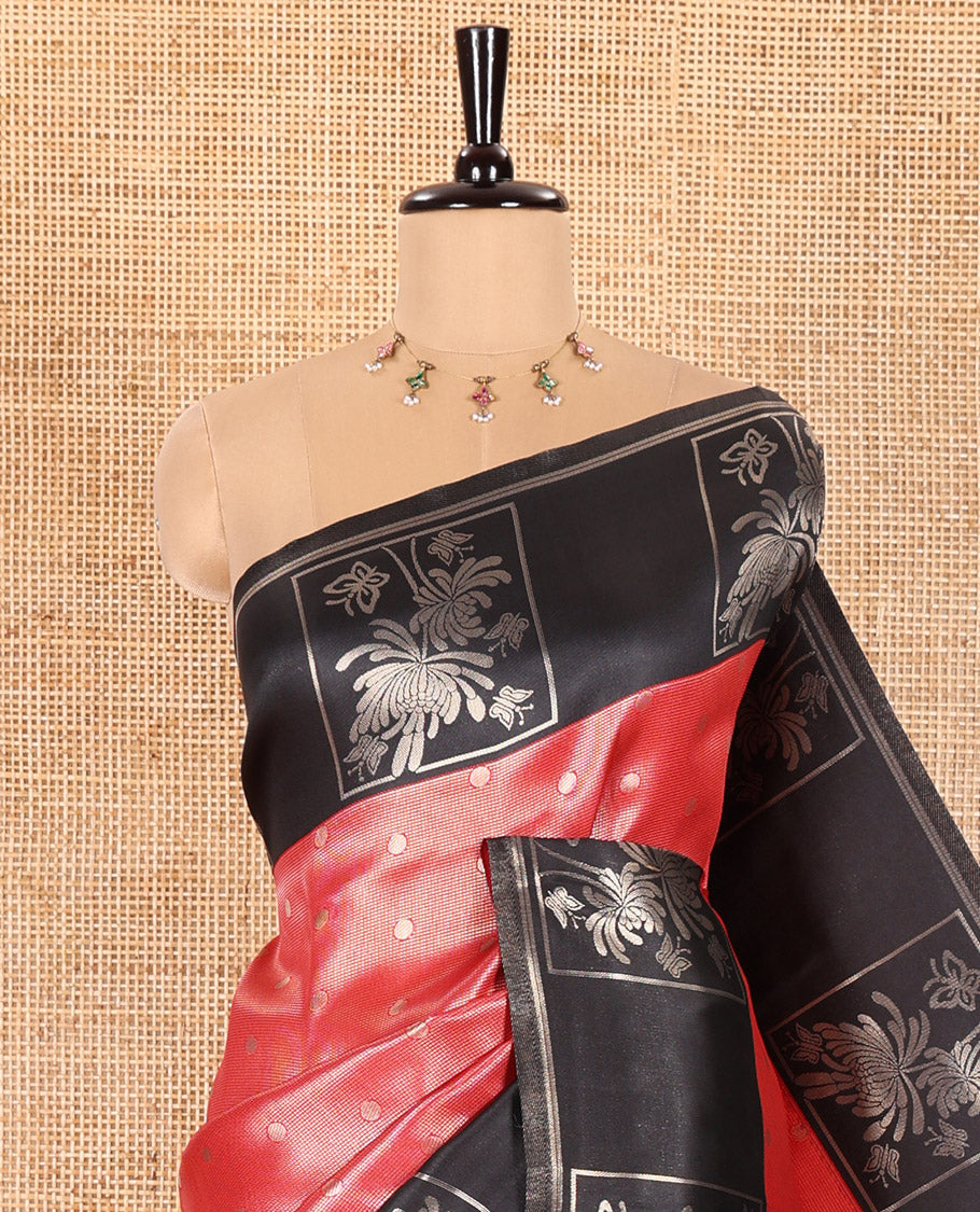 Red Kanchi Silk Saree Accentuated with Zari Stripes and Polka Dot Buttas All Over Its Body, Complemented by Contrast Border of Butterfly Zari Motifs, Pallu Enriched with Chakram Motifs, and Paired with a Contrast Blouse