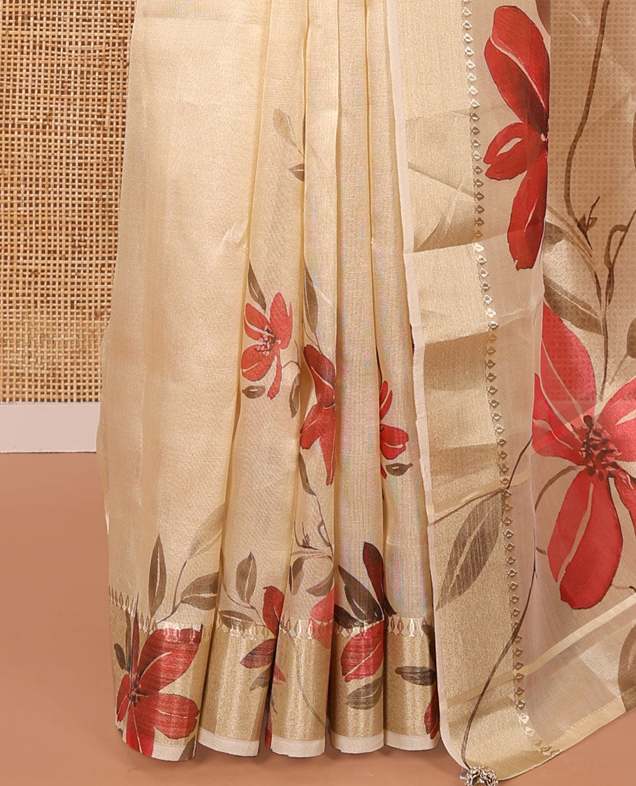 Gold Tissue Saree, Vibrantly Printed with Floral Designs All Over Its Body, Subtle Zari Border, Pallu of the Same Floral Print, and Paired with a Matching Printed Blouse