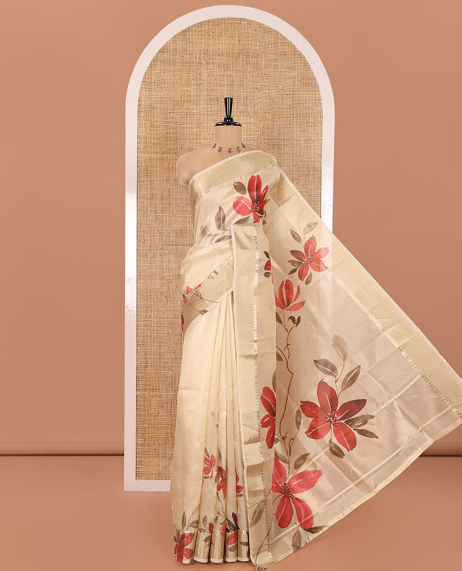 Gold Tissue Saree, Vibrantly Printed with Floral Designs All Over Its Body, Subtle Zari Border, Pallu of the Same Floral Print, and Paired with a Matching Printed Blouse