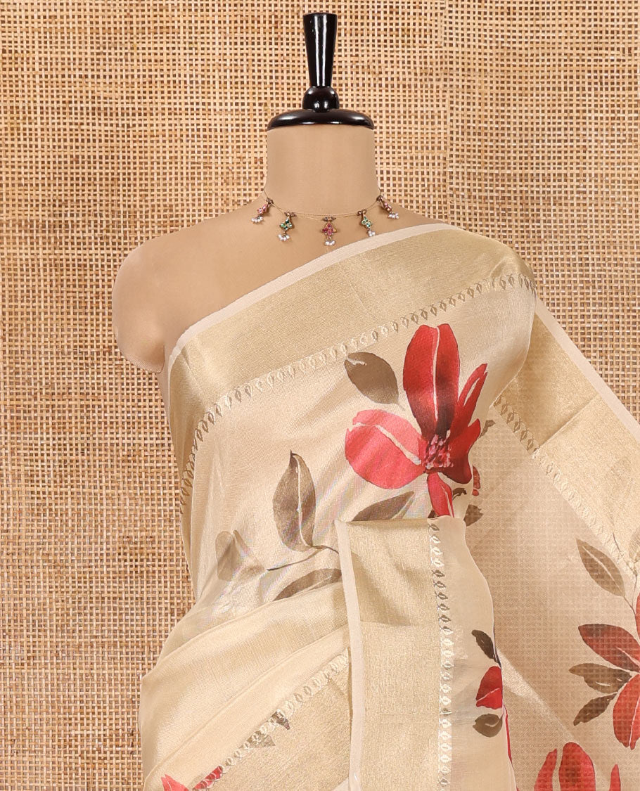 Gold Tissue Saree, Vibrantly Printed with Floral Designs All Over Its Body, Subtle Zari Border, Pallu of the Same Floral Print, and Paired with a Matching Printed Blouse