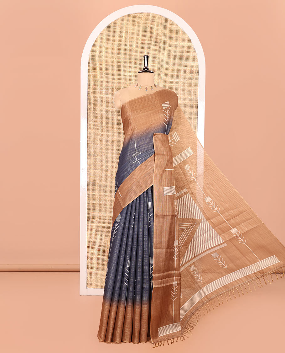 Dark Grey Tissue Saree, Entralled with Horizontal Stripes and Unique Motifs Printed All Over Its Body, Complemented by Contrast Printed Border, Pallu Depicts Geometric Patterns, and Paired with a Contrast Geometric Printed Blouse