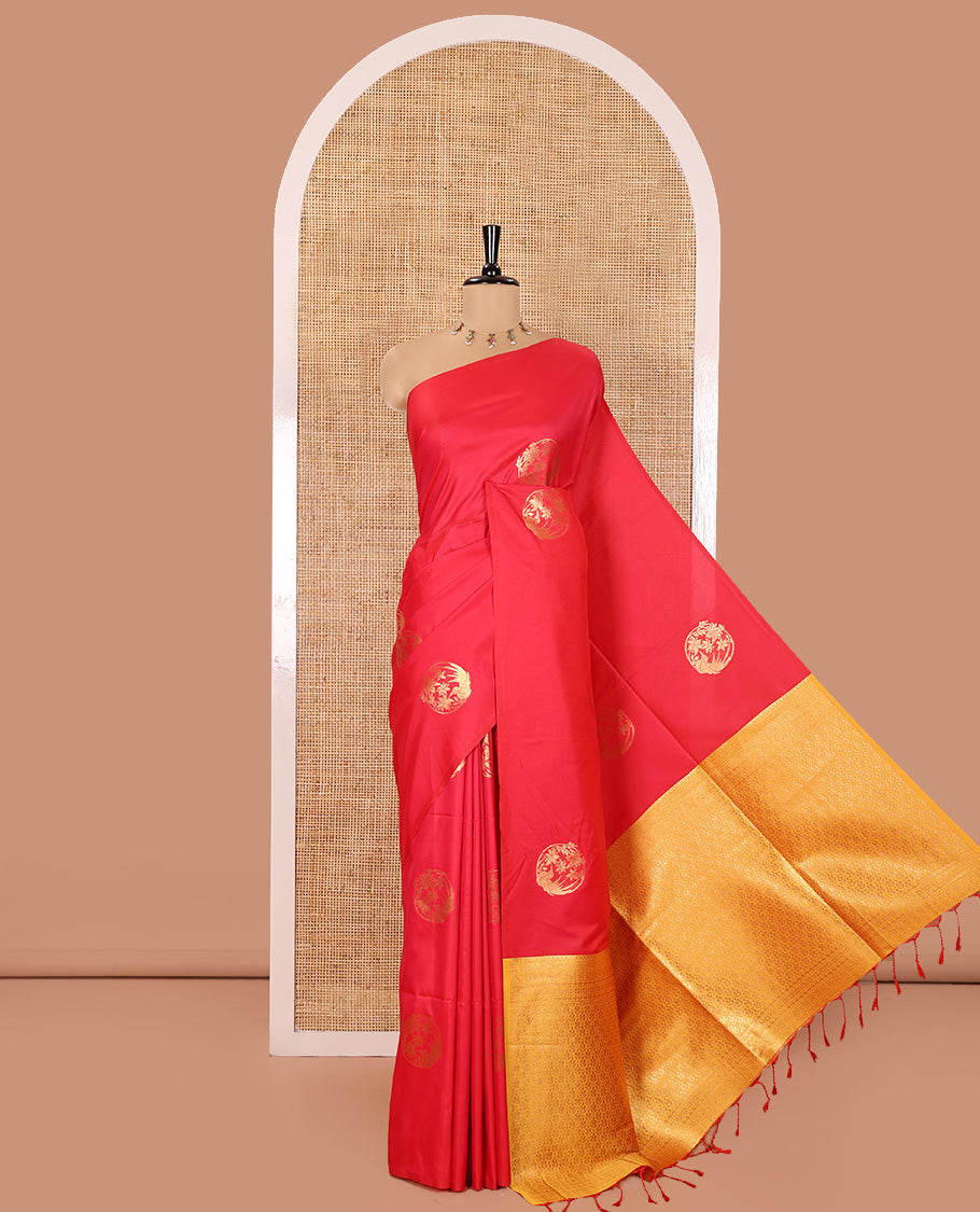 Borderless Rani Pink Semi-Soft Silk Saree Finely Woven with Bird-Floral Buttas All Over Its Body, Complemented by a Contrast Intricately Designed Pallu, and Paired with a Contrast Plain Blouse