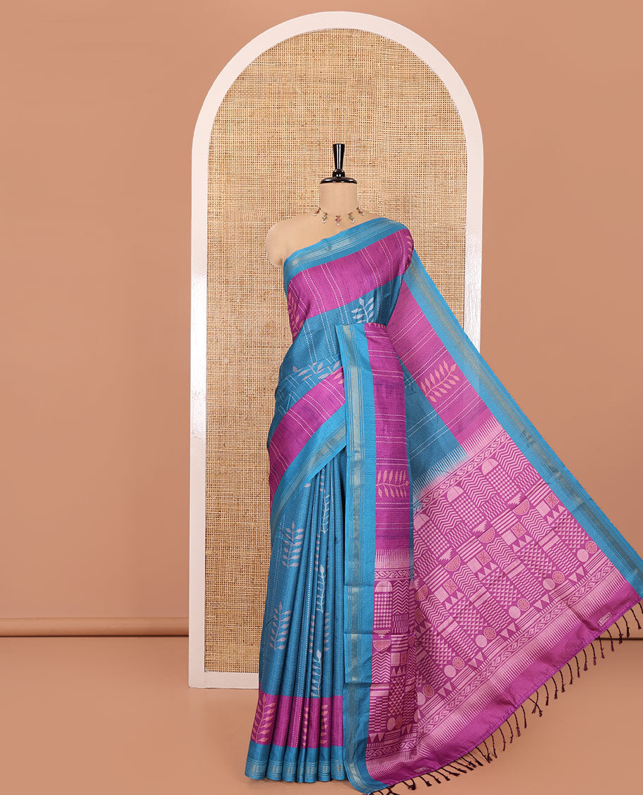 Blue Manipuri Silk Saree, Decked Up with Stripes and Leaf Buttas All Over Its Body, a Self-Subtle Border, Pallu Features Geometric Print, and Paired with a Matching Blouse