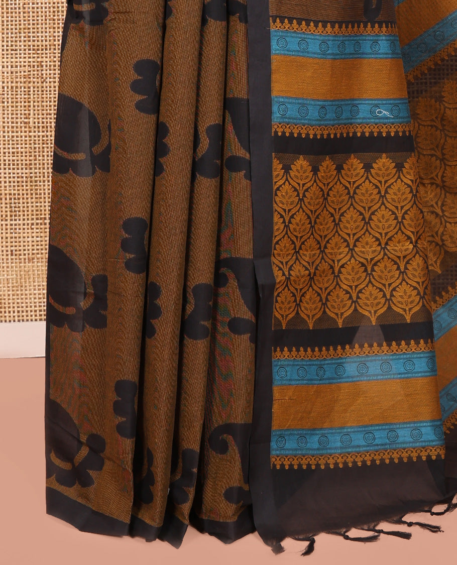 Borderless Black-Brown Coimbatore Cotton Saree, Adorned with Paisley Motifs Printed on Its Body, Pallu Intricately Printed with Geometric Motifs, and Paired with a Matching Blouse