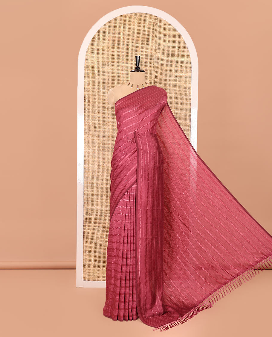 Borderless Onion Pink Vichitra Silk Saree, Embellished with Horizontal Stripes and Sequin Stripes, Paired with a Matching Blouse