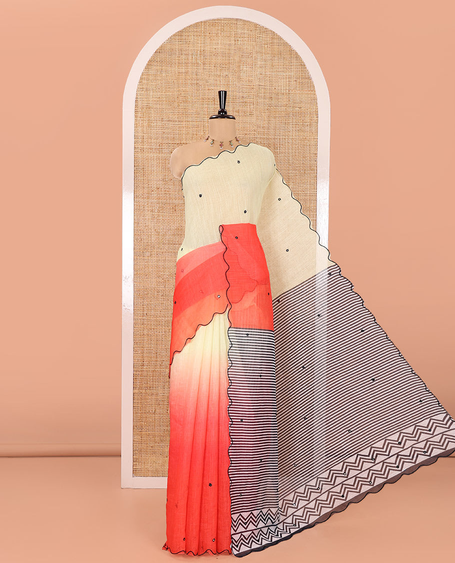Pale Yellow-Tomato Red Linen Cotton Saree, Accentuated with Ombre-Style Dyed with Mirror Work Across Its Body, Subtly Sparkled Scallop Thread Border, Pallu Steeped with Stripes and Mirror Work, and Paired with a Contrast Vertical Stripes Printed Blouse