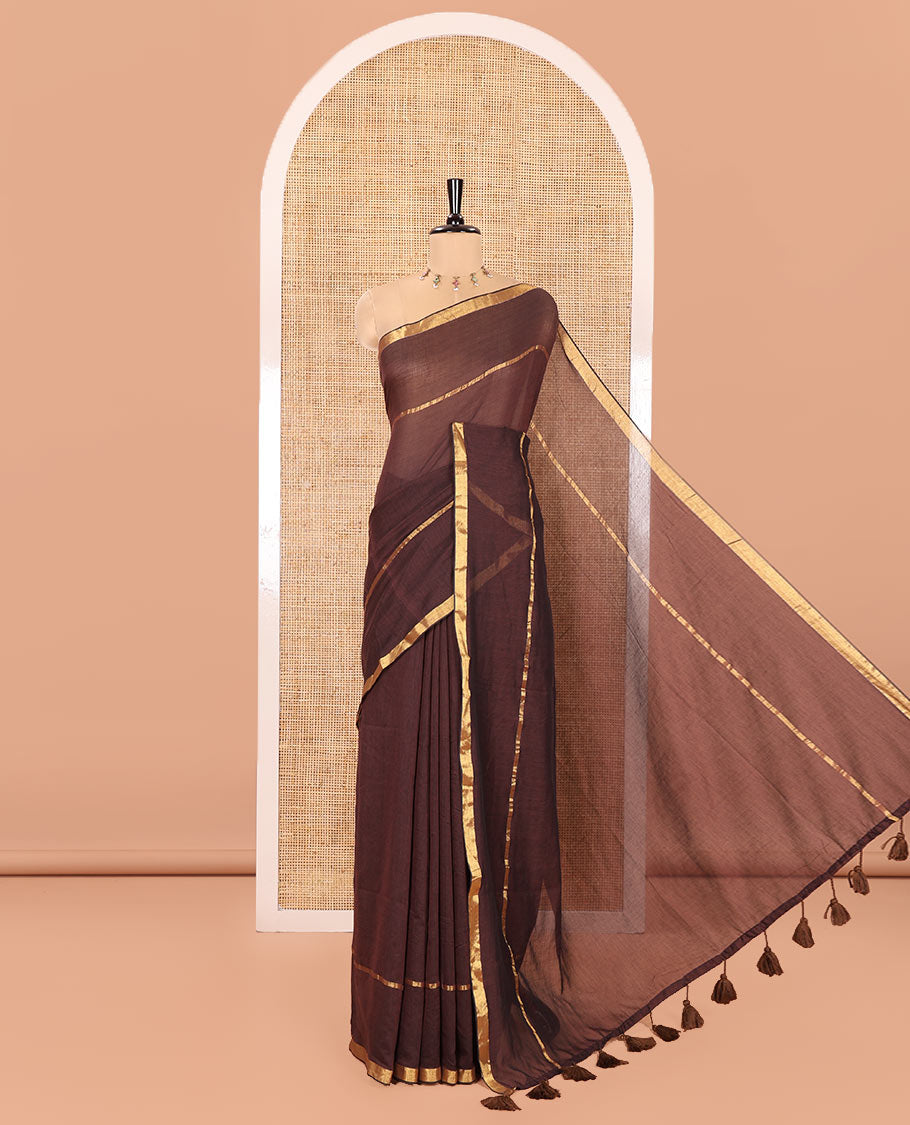 Brown Plain Khadi Mul Cotton Saree, Subtly Sparkled with Zari Border, Self-Pallu, and Paired with a Matching Blouse