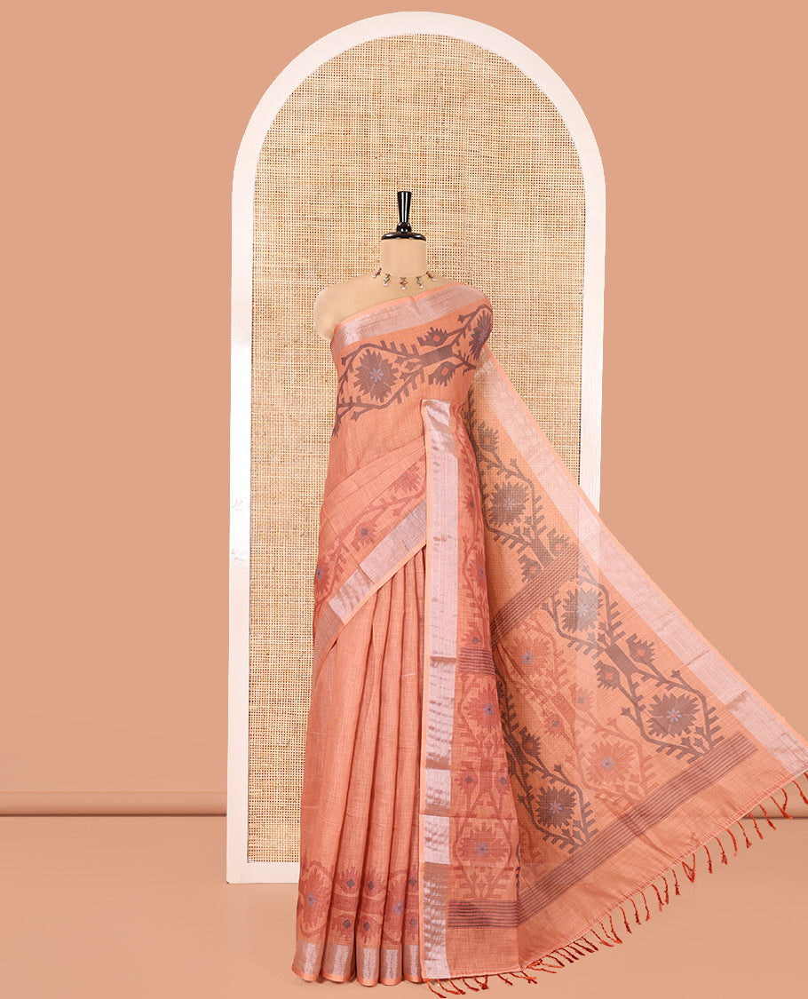 Rust Plain Linen Cotton Saree, Subtly Sparkled Zari Border of Jamdani-Style Leaf-Floral Designs, Pallu Depicting Jamdani-Style Designs, and Paired with a Matching Blouse