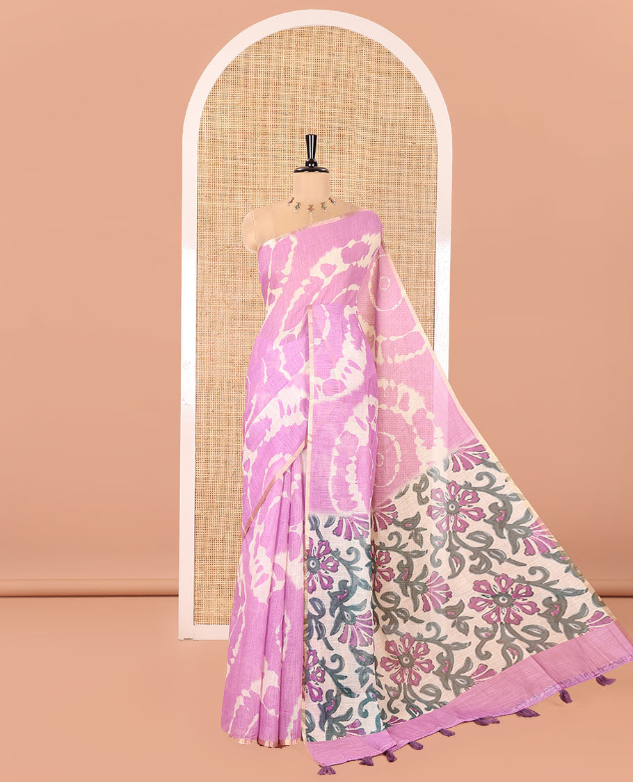 Borderless Lavender Linen Cotton Saree, Elevated with Shibori Printed on Its Body, Complemented by Contrast Floral Printed Pallu, and Paired with a Contrast Floral Printed Blouse