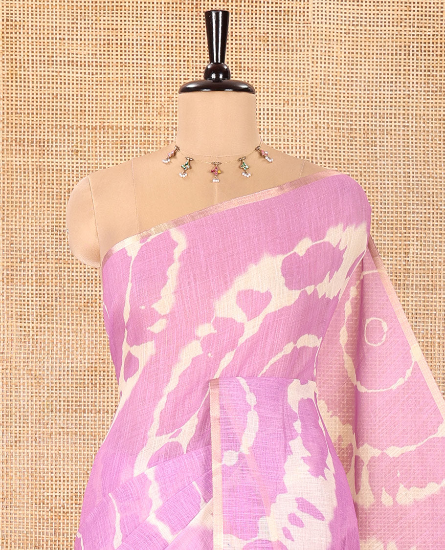 Borderless Lavender Linen Cotton Saree, Elevated with Shibori Printed on Its Body, Complemented by Contrast Floral Printed Pallu, and Paired with a Contrast Floral Printed Blouse