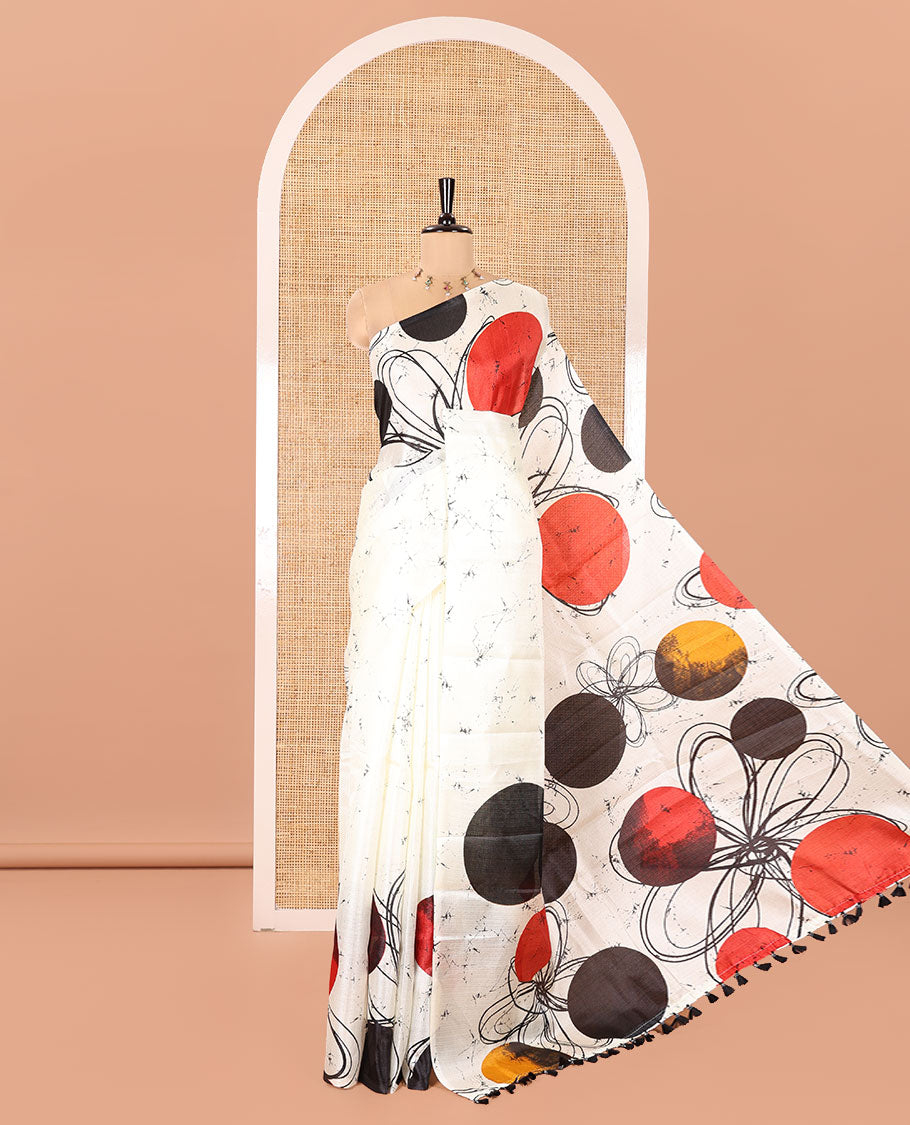 Borderless Cream and Black Khadi Cotton Saree, Decked Up with Big Circles Motifs, Floral Motifs, and Batik Print on Its Body, Self-Printed Pallu, and Paired with a Matching Printed Blouse