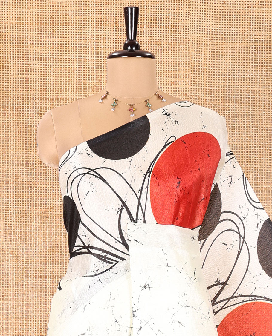 Borderless Cream and Black Khadi Cotton Saree, Decked Up with Big Circles Motifs, Floral Motifs, and Batik Print on Its Body, Self-Printed Pallu, and Paired with a Matching Printed Blouse