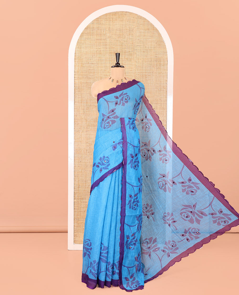 Blue Linen Cotton Saree, Bedecked with Floral Print and Mirror Work on Its Body, Complemented by Contrast Scallop Border, Pallu of Print and Mirror Work, and Paired with a Matching Blouse