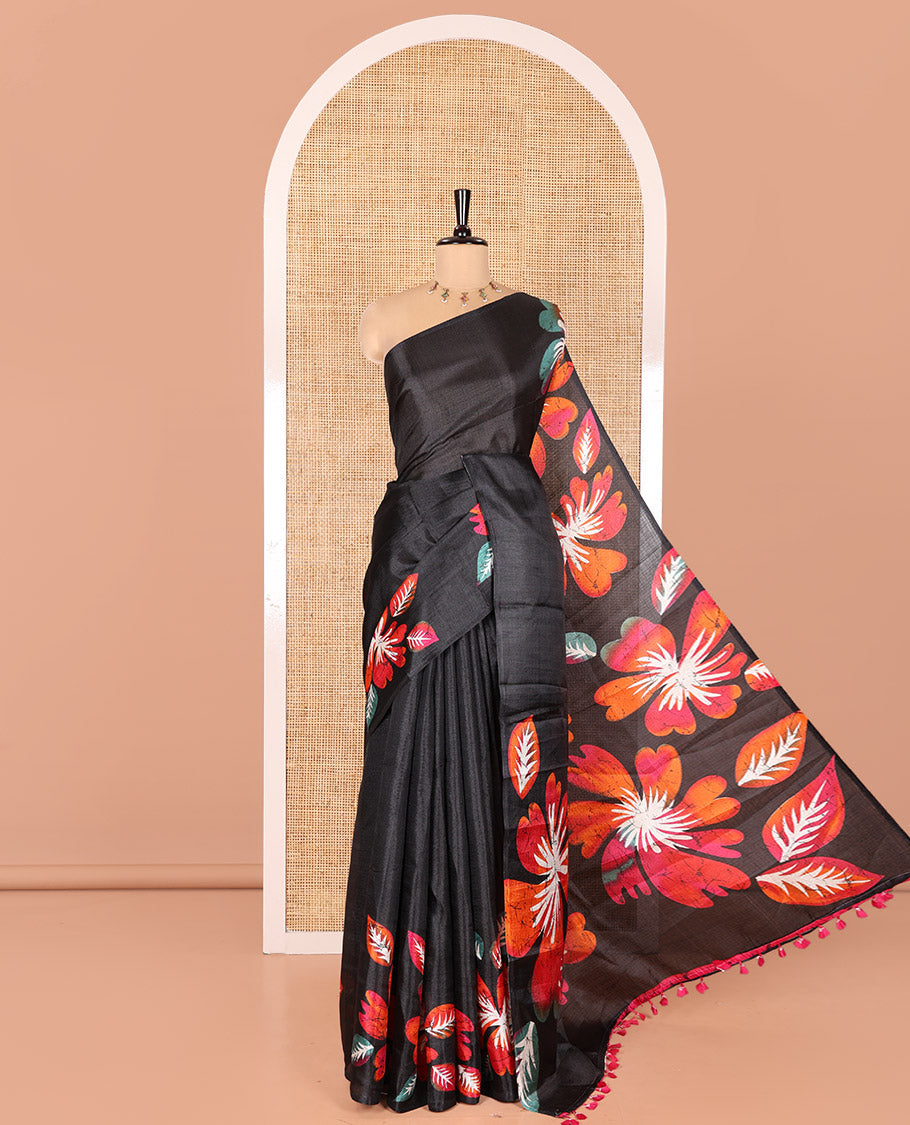 Borderless Black and Pink Khadi Cotton Saree, Colorful Decked Up with Flower Motifs Print on Body and Pallu, and Paired with a Plain Blouse