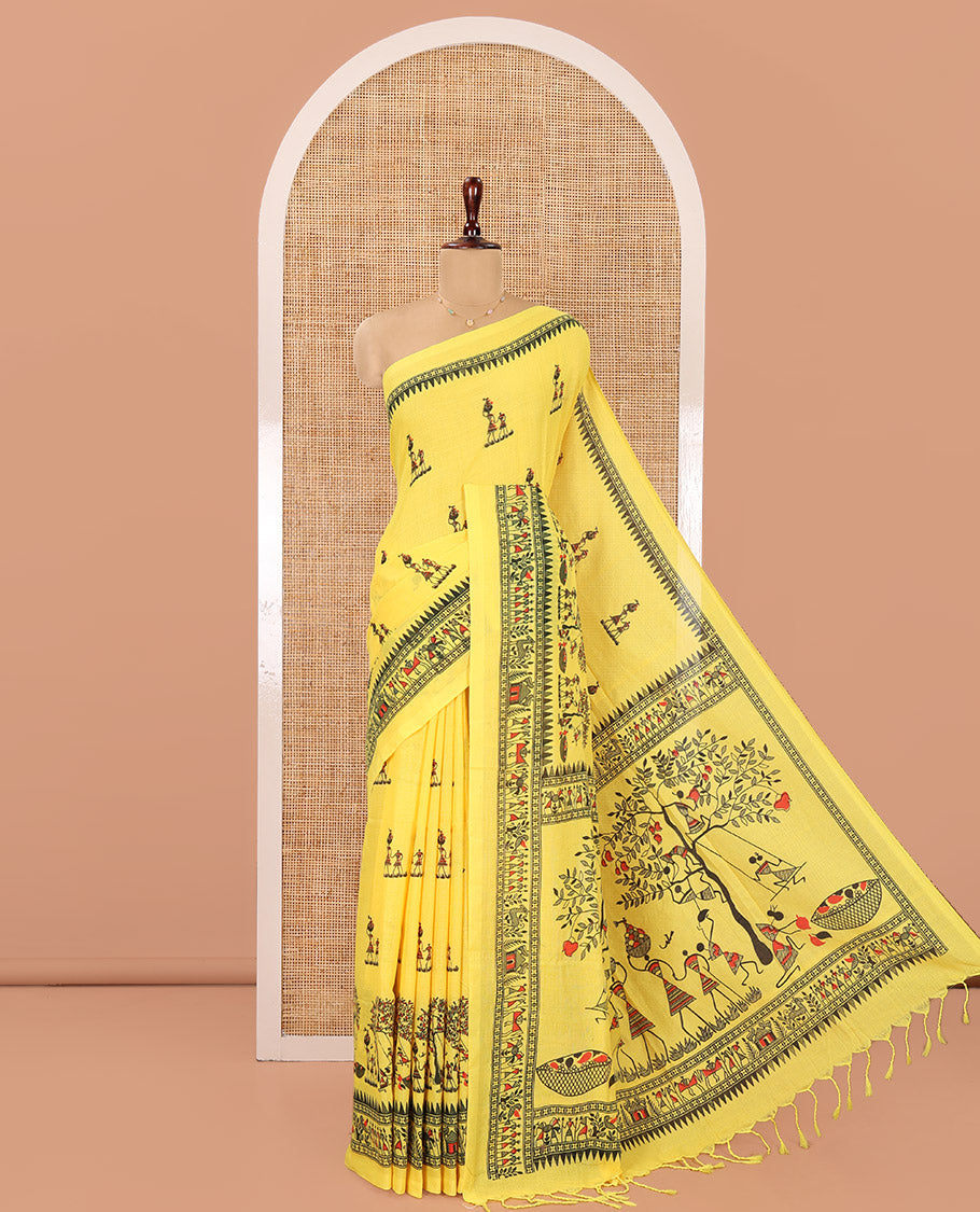 Yellow Khadi Mul Cotton Saree, Artfully Printed with Warli Motifs All Over Its Body, Highlighted by a Self-Border of Warli Print, Pallu of Warli Print, and Paired with a Matching Blouse