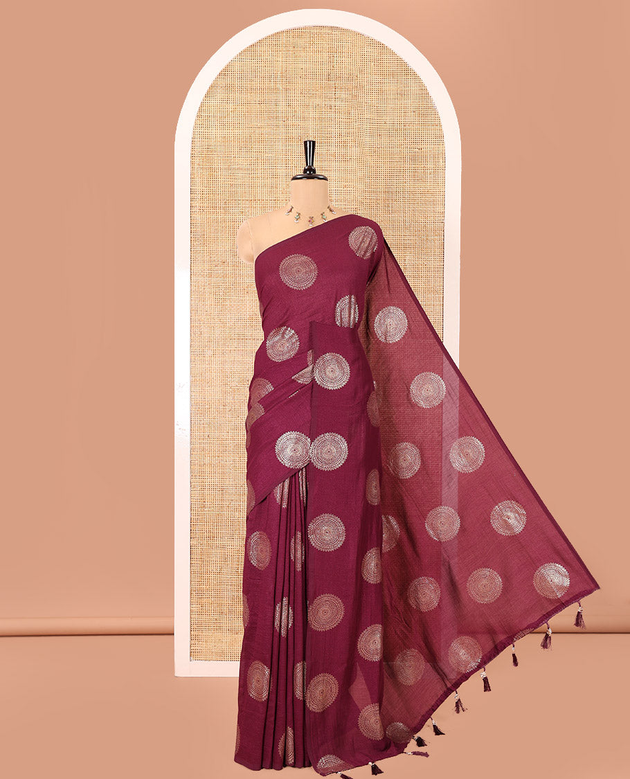 Borderless Purple Vichitra Saree Features Rangoli-Style Round Buttas Foil Print and a Contrast Sequins Embroidered Blouse