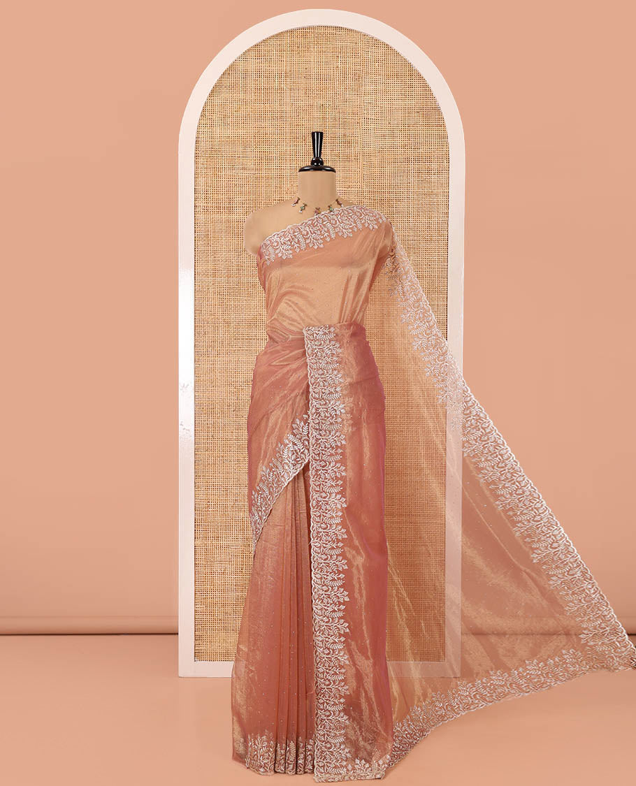 Onion Pink Twill Net Saree, Gleamed Up with Stone Work, Highlighted by a Scallop Embroidered Border, and Paired with a Matching Blouse