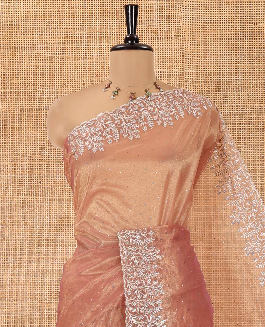 Onion Pink Twill Net Saree, Gleamed Up with Stone Work, Highlighted by a Scallop Embroidered Border, and Paired with a Matching Blouse