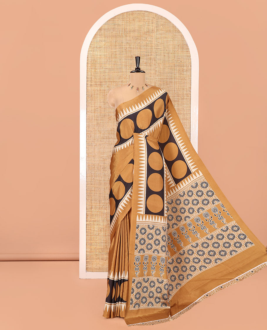 Mustard Satin Crepe Saree, Adorned with Polka Dot and Temple Buttas on Its Body, Highlighted by a Zari Border, Pallu Steeped with Floral Designs, and Paired with a Matching Blouse