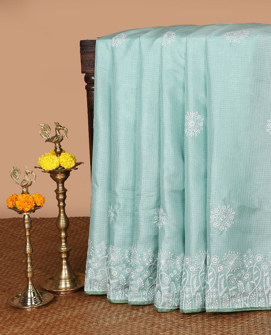 Light green thread embroidery kotta cotton saree with embroidery border & self pallu along with plain blouse