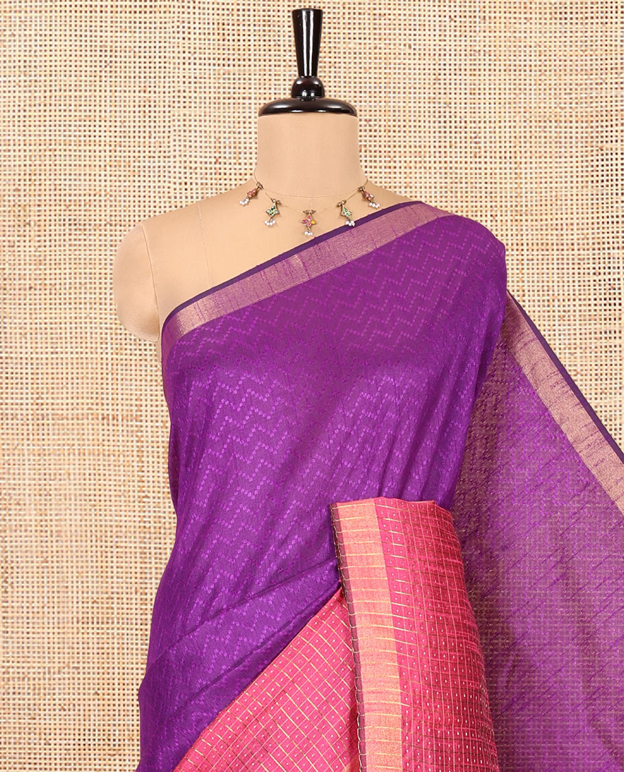 Violet Semi-Raw Silk Saree, Delicately Woven with Zig-Zag Stripes All Over Its Body, Complemented by Contrast Border of Butta Enclosed Checks, Striped Pallu, and Paired with a Contrast Blouse