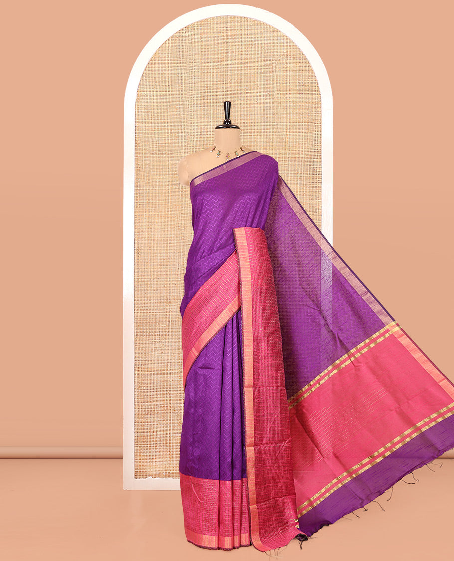 Violet Semi-Raw Silk Saree, Delicately Woven with Zig-Zag Stripes All Over Its Body, Complemented by Contrast Border of Butta Enclosed Checks, Striped Pallu, and Paired with a Contrast Blouse