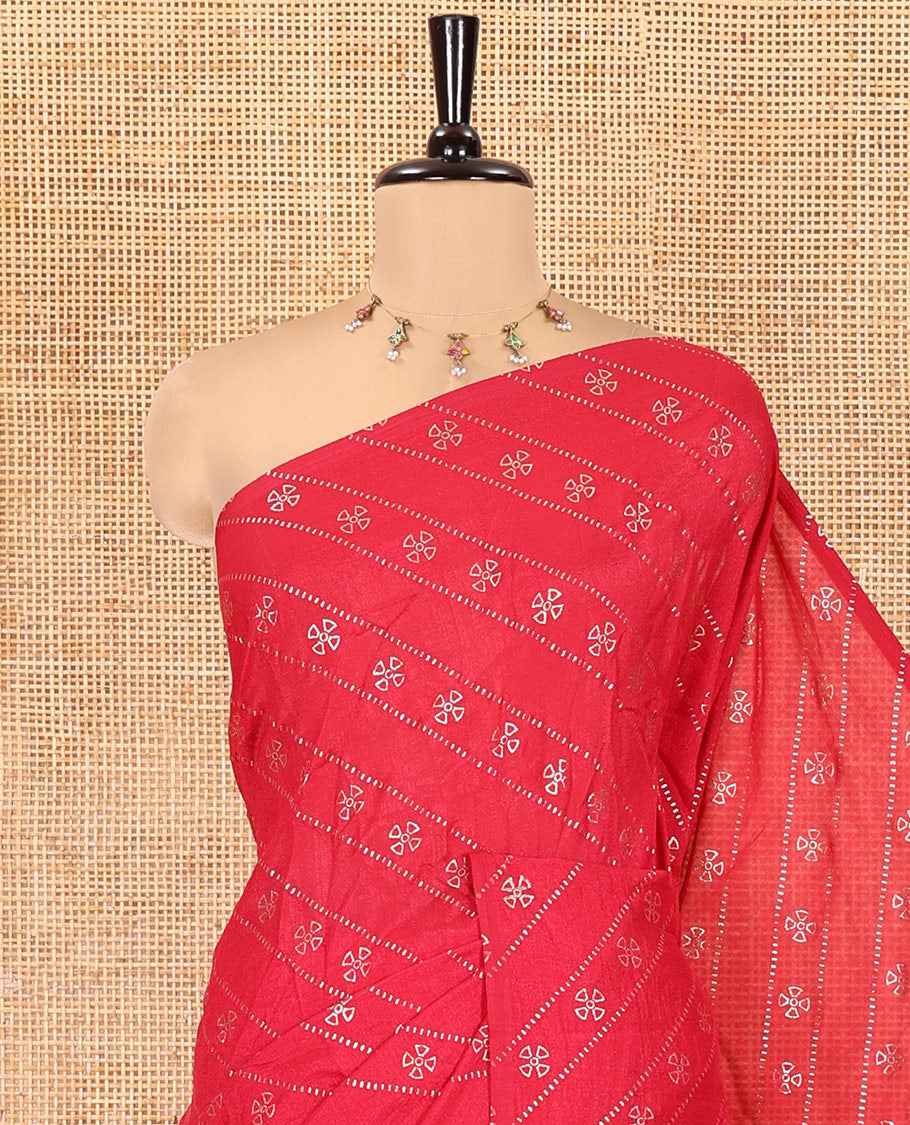 Borderless Pink Vichitra Silk Saree, Gleamed Up with Floral Buttas and Leheriya-Style Foil Print on Its Body, a Self-Pallu, and Has No Blouse