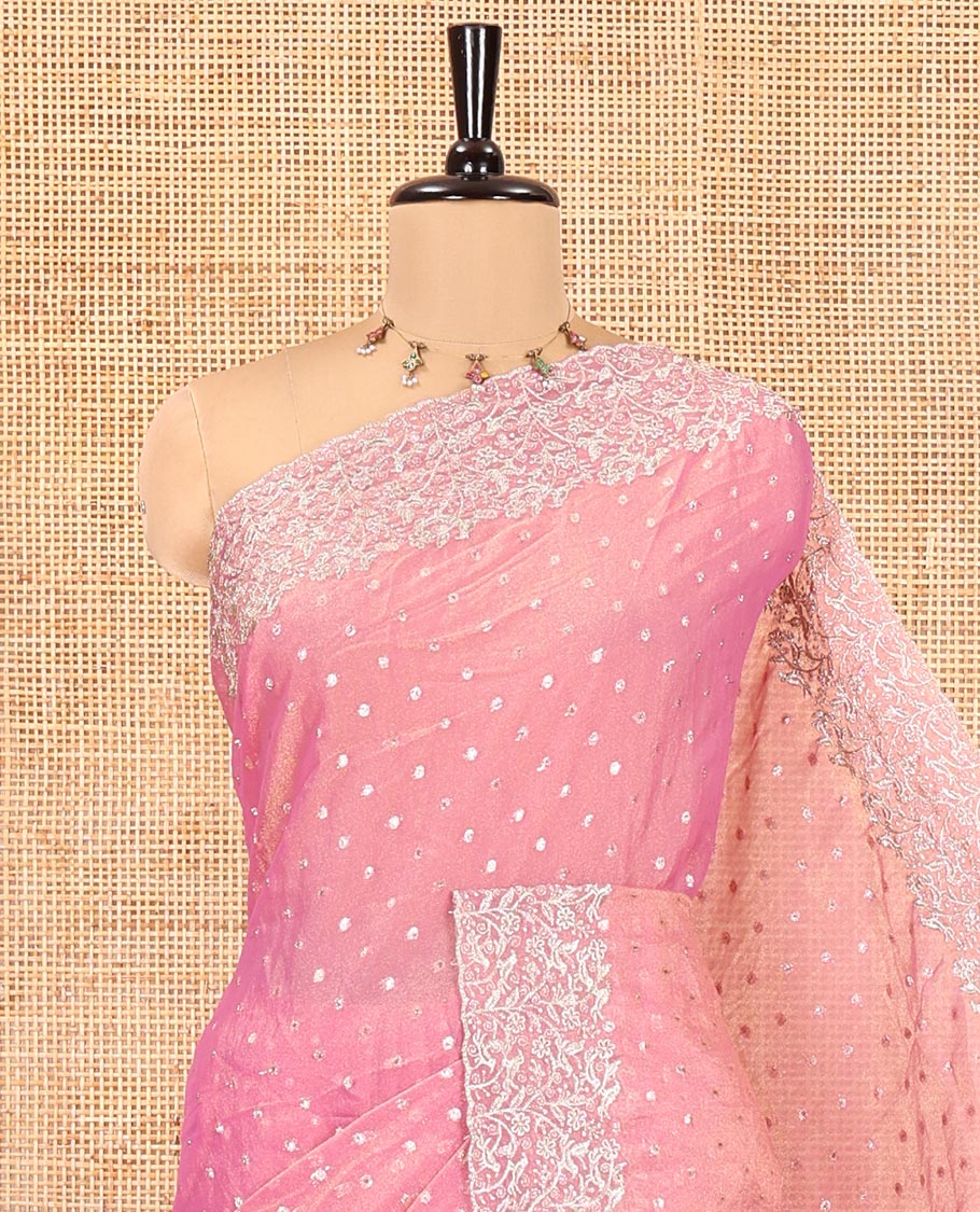 Pink Fendi Chiffon Saree, Steeped with 1000-Buttas All Over Its Body, Highlighted by a Scallop Embroidered Border, a Self-Pallu, and Paired with a Matching Blouse