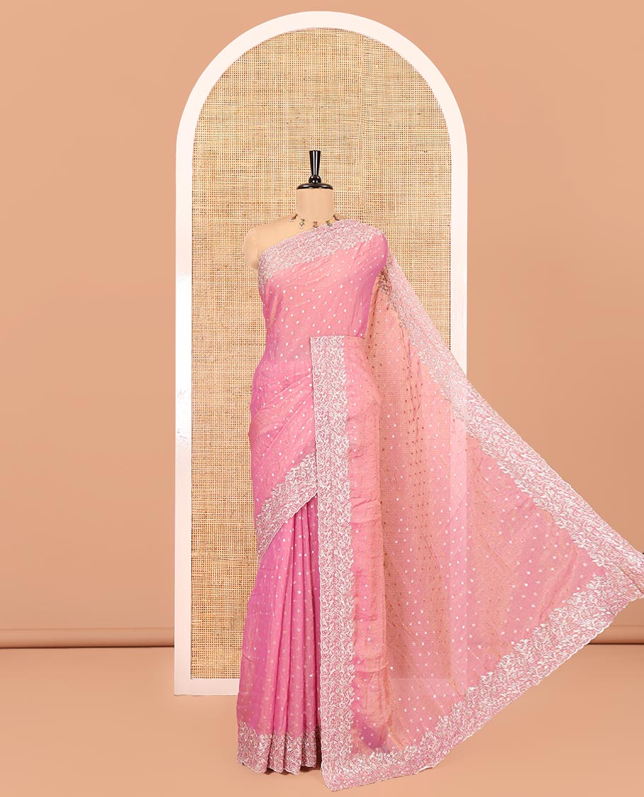 Pink Fendi Chiffon Saree, Steeped with 1000-Buttas All Over Its Body, Highlighted by a Scallop Embroidered Border, a Self-Pallu, and Paired with a Matching Blouse