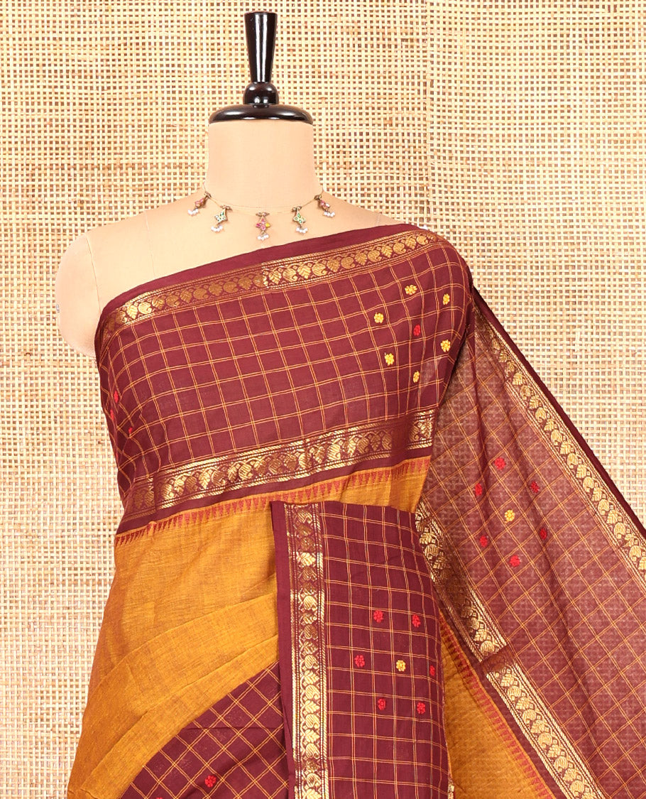 Mustard Plain Chettinad Cotton Saree, a Contrast Temple Butta Enclosed Checked Border, and a Matching Blouse