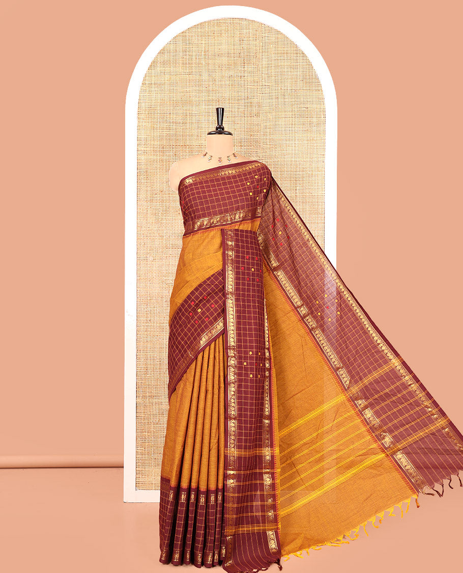 Mustard Plain Chettinad Cotton Saree, a Contrast Temple Butta Enclosed Checked Border, and a Matching Blouse