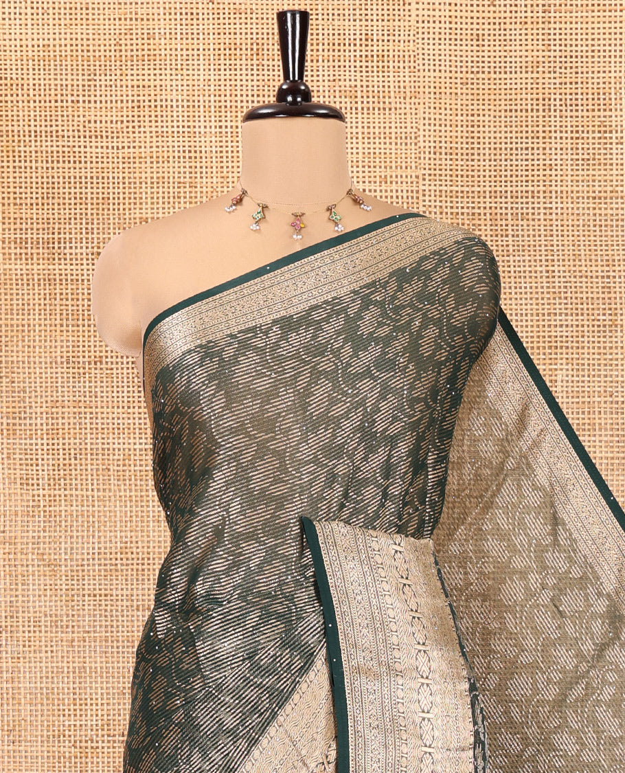 Green Chiffon Saree, Adorned with Floral Vine and Stonework, a Traditional Border, Pallu Steeped with Floral Designs, and a Matching Blouse