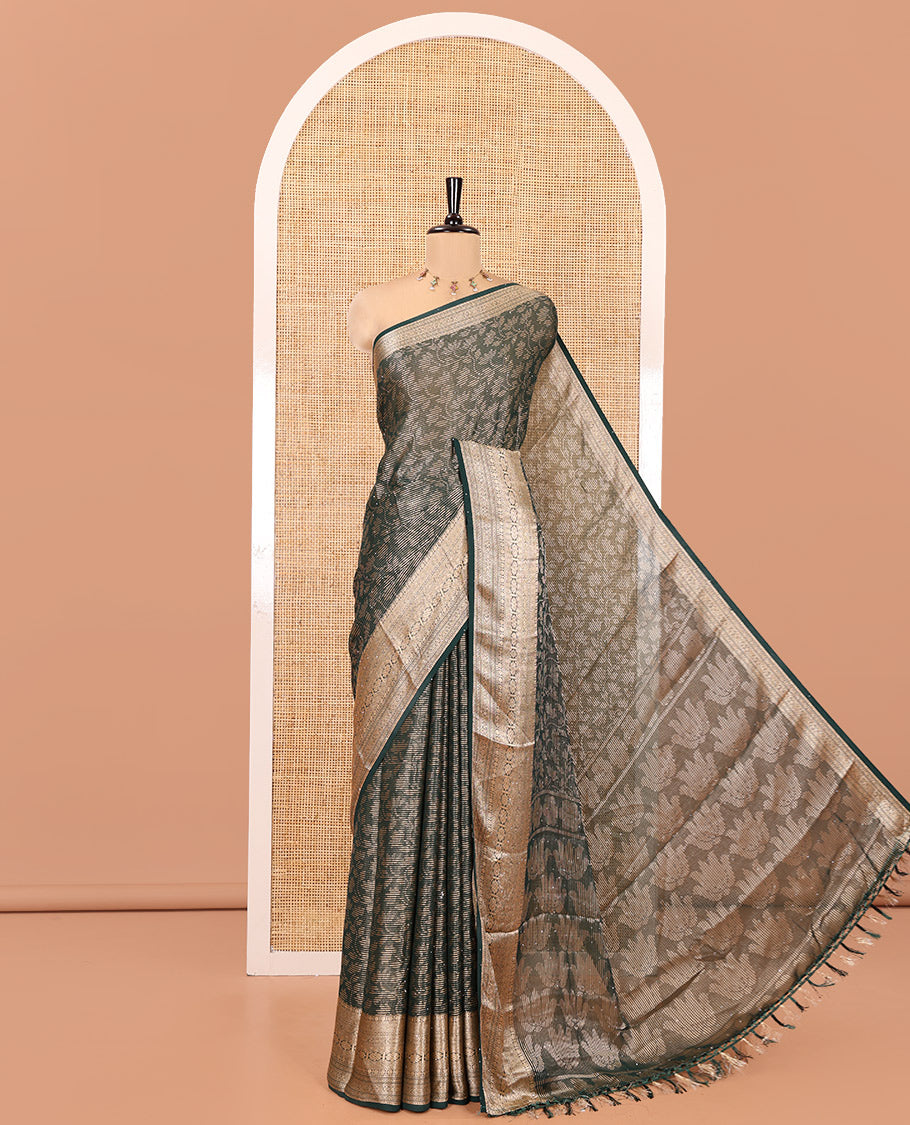 Green Chiffon Saree, Adorned with Floral Vine and Stonework, a Traditional Border, Pallu Steeped with Floral Designs, and a Matching Blouse