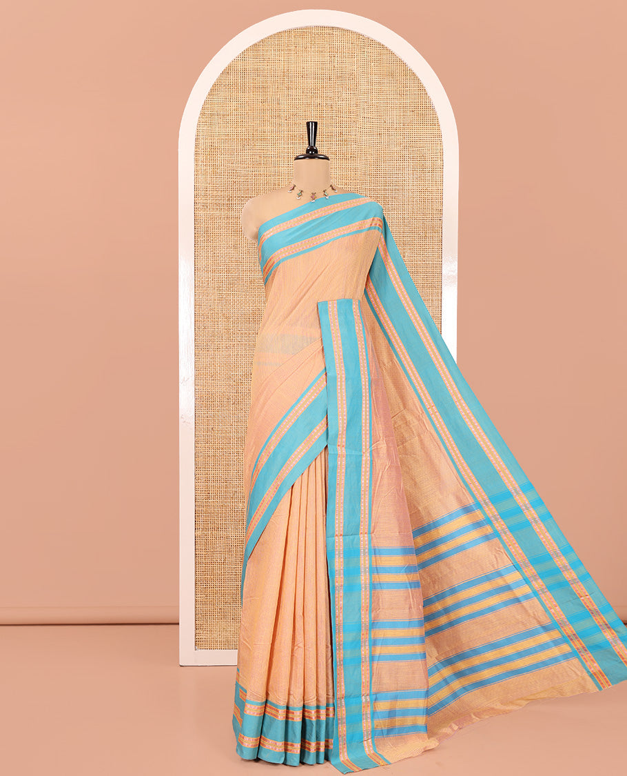 Mustard Mercerised Cotton Saree, Subtly Sparkled with Checks, Contrast Rettai Pettu Border, Striped Pallu, and Matching Blouse
